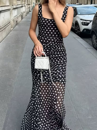 Ruched Polka Dot Square Neck Dress