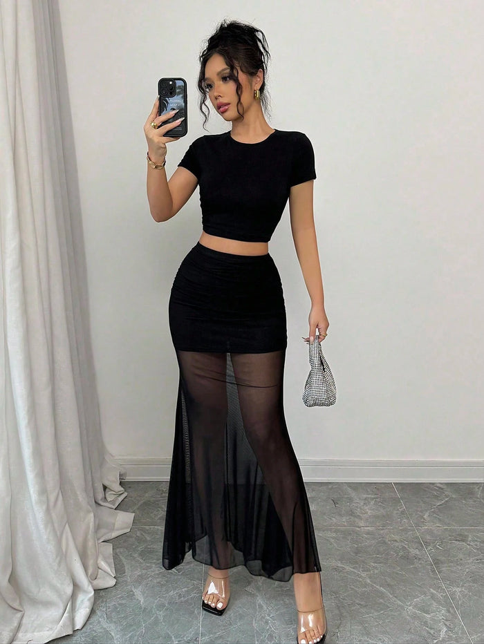 Black Crop Top & Sheer Mesh Skirt Co-Ord Set