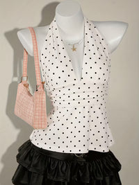 White Polka Dot Halter Neck Peplum Top for Women