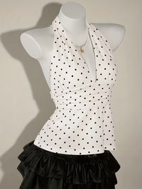 White Polka Dot Halter Neck Peplum Top for Women