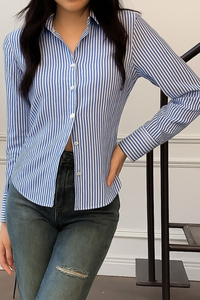 Women's Blue & White Striped Corset Back Shirt