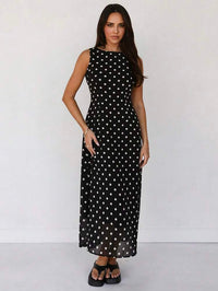 Women Black Polka Dot Sleeveless Straight Fit Maxi Dress