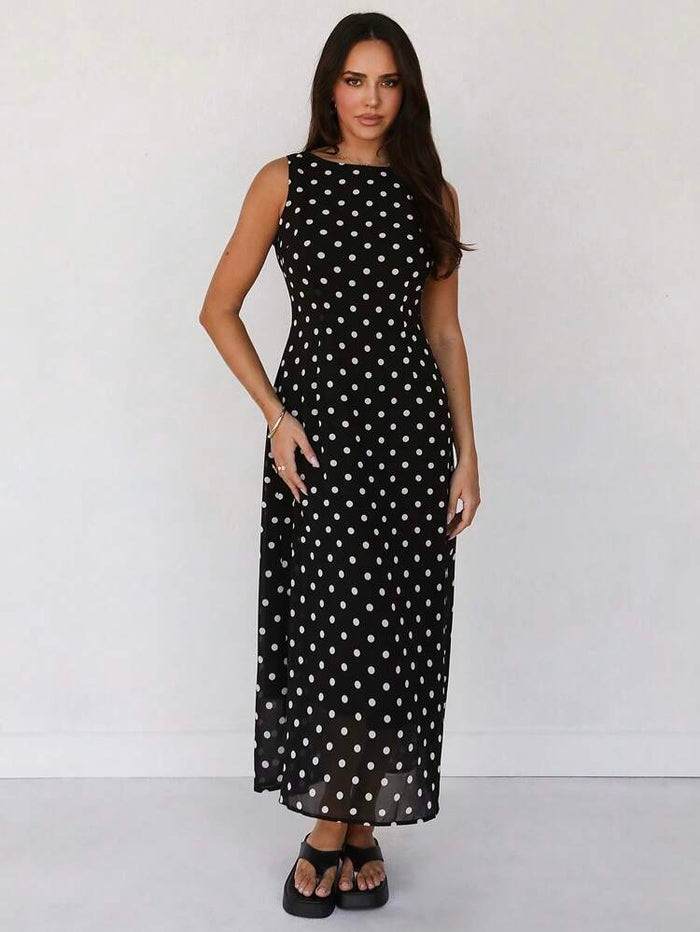 Women Black Polka Dot Sleeveless Straight Fit Maxi Dress