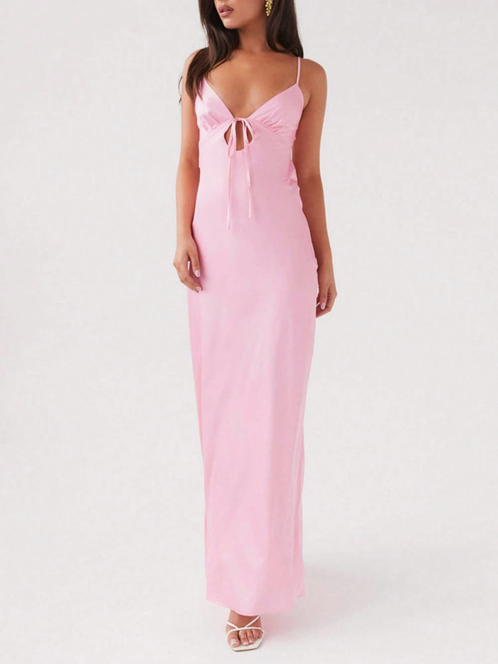 Baby Pink Tie-Up Back Maxi Dress with Front Cut-Out Detail
