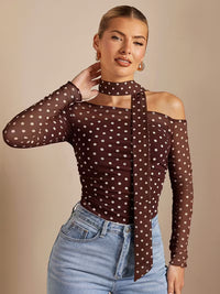 Brown Polka Dot One Shoulder Mesh Top with Scarf Tie for Women