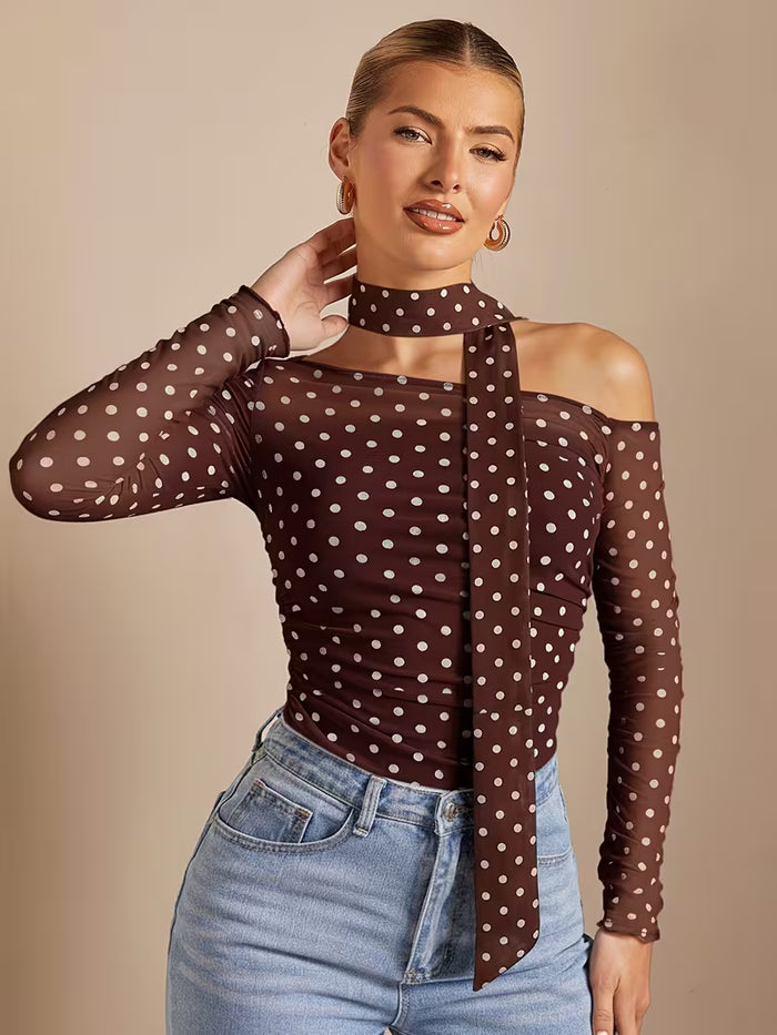 Brown Polka Dot One Shoulder Mesh Top with Scarf Tie for Women