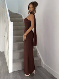 Chocolate Brown Strapless Bodycon Maxi Dress with Scarf Detail
