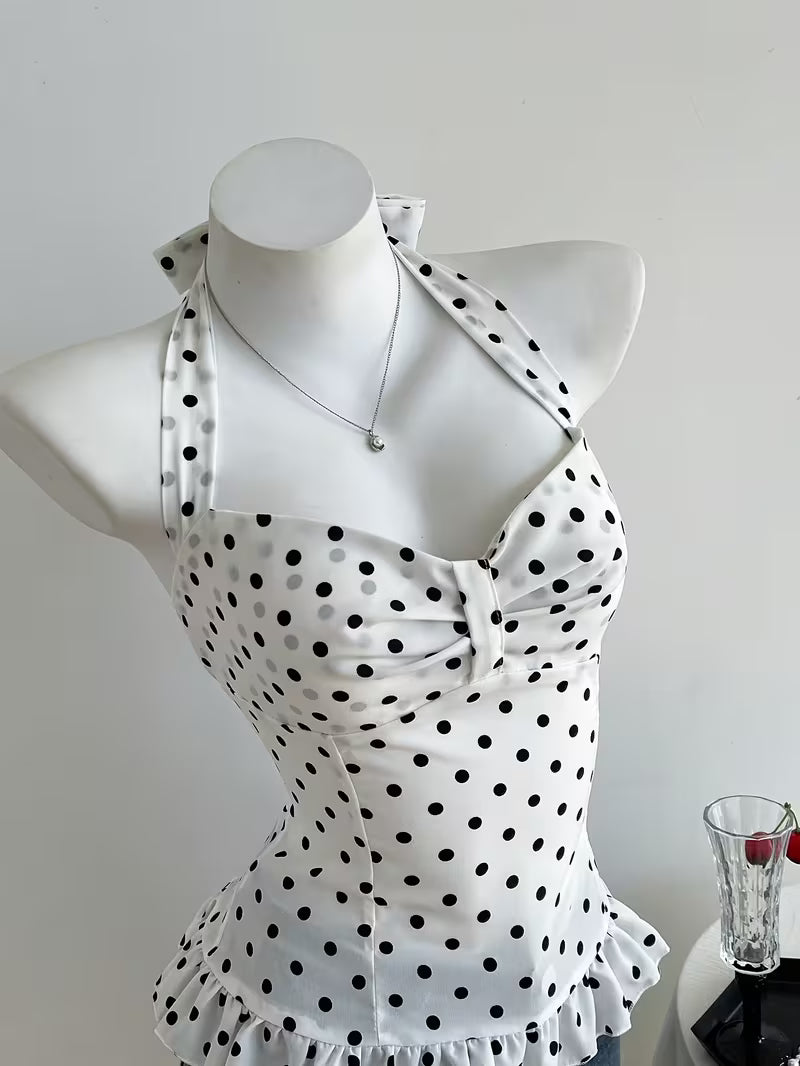 White Polka Dot Halter Neck Peplum Top with Smocked Back