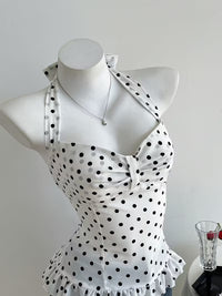 White Polka Dot Halter Neck Peplum Top with Smocked Back