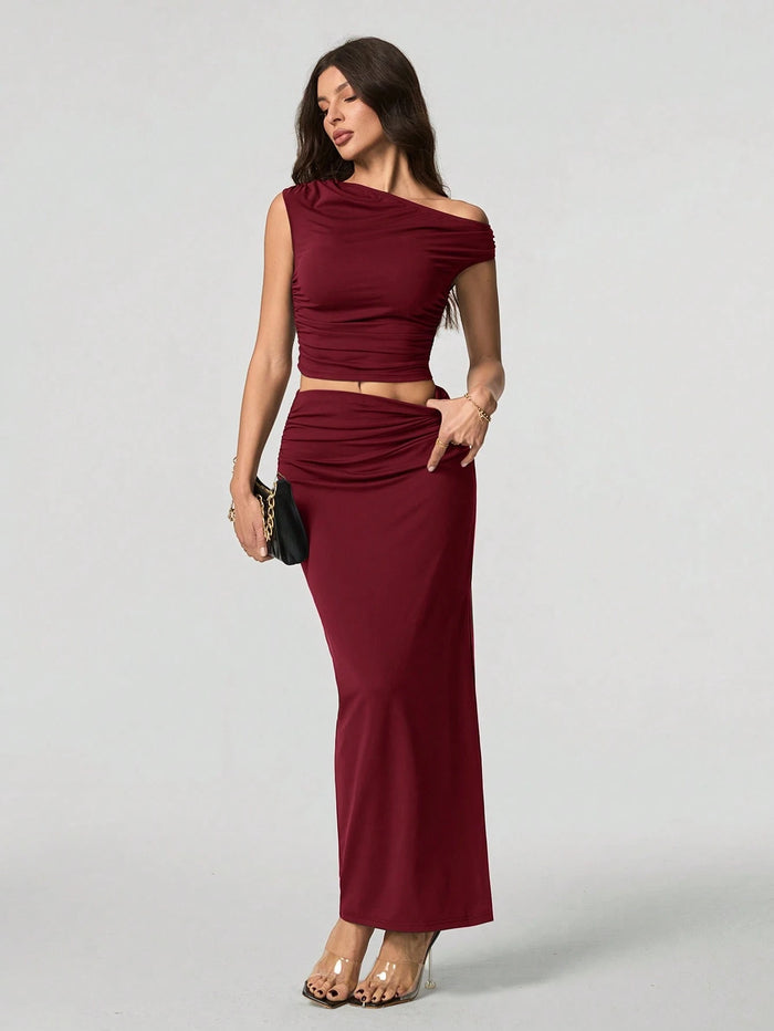 Wine Red One-Shoulder Ruched Co-Ord Maxi Dress