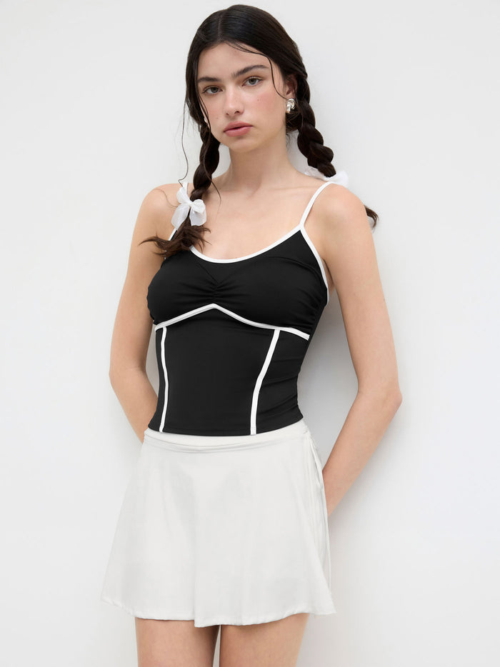 Women's Black & White Contrast Piping Ruched Cami Top