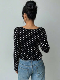 Women Black Polka Dot V-Neck Fitted Top with Full Sleeves